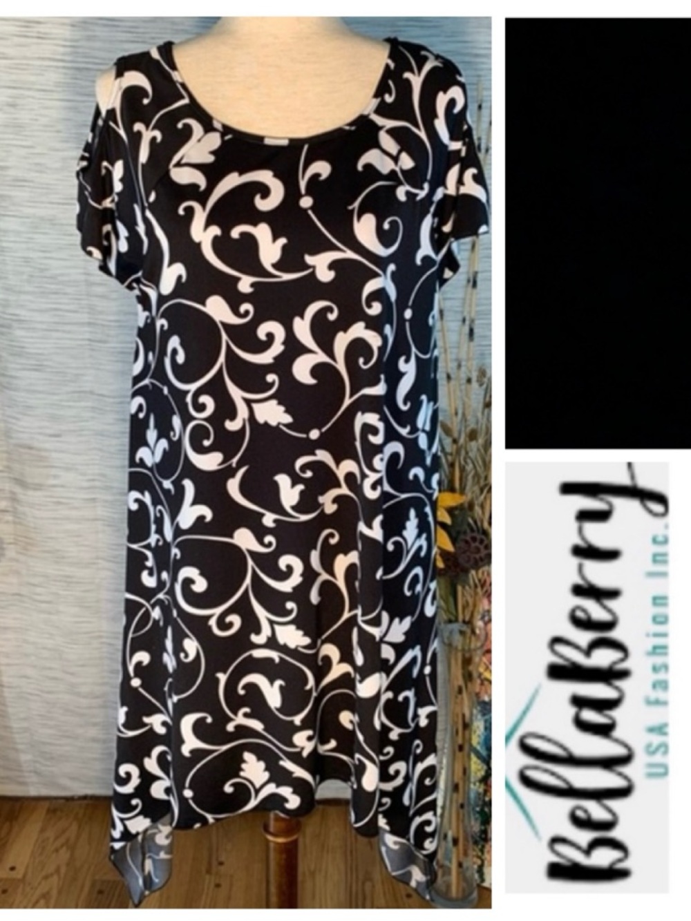 Bella Berry black and white paisley styled cold shoulder asymmetrical dress.